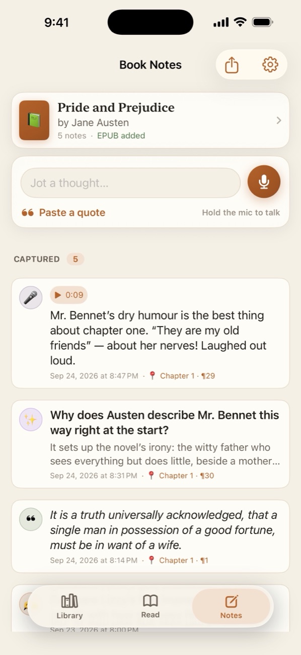 The notes page for Pride and Prejudice, with a voice note, a question and saved quotes.